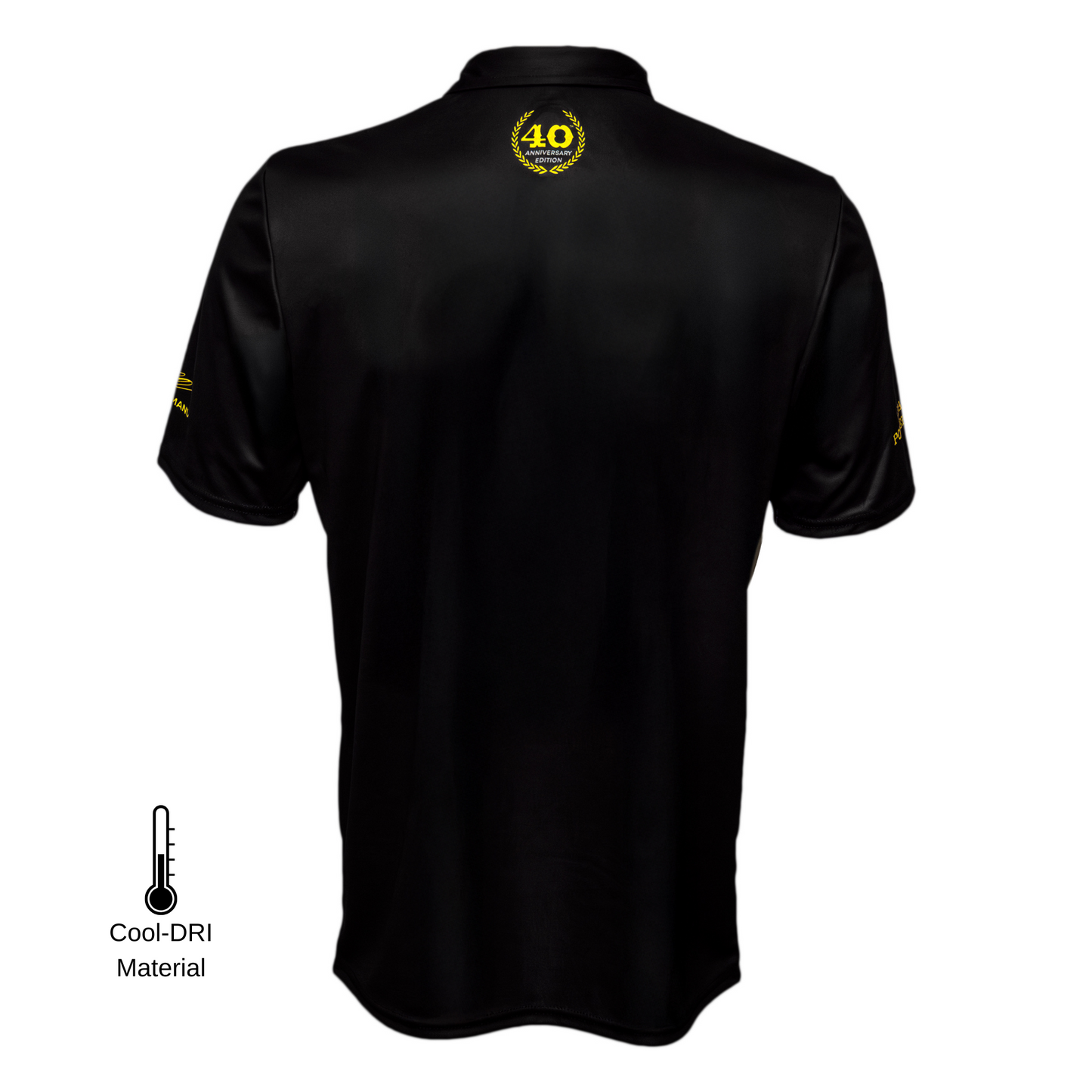 Back view of Apache Powerboats 40th Anniversary Polo featuring 40th logo below collar