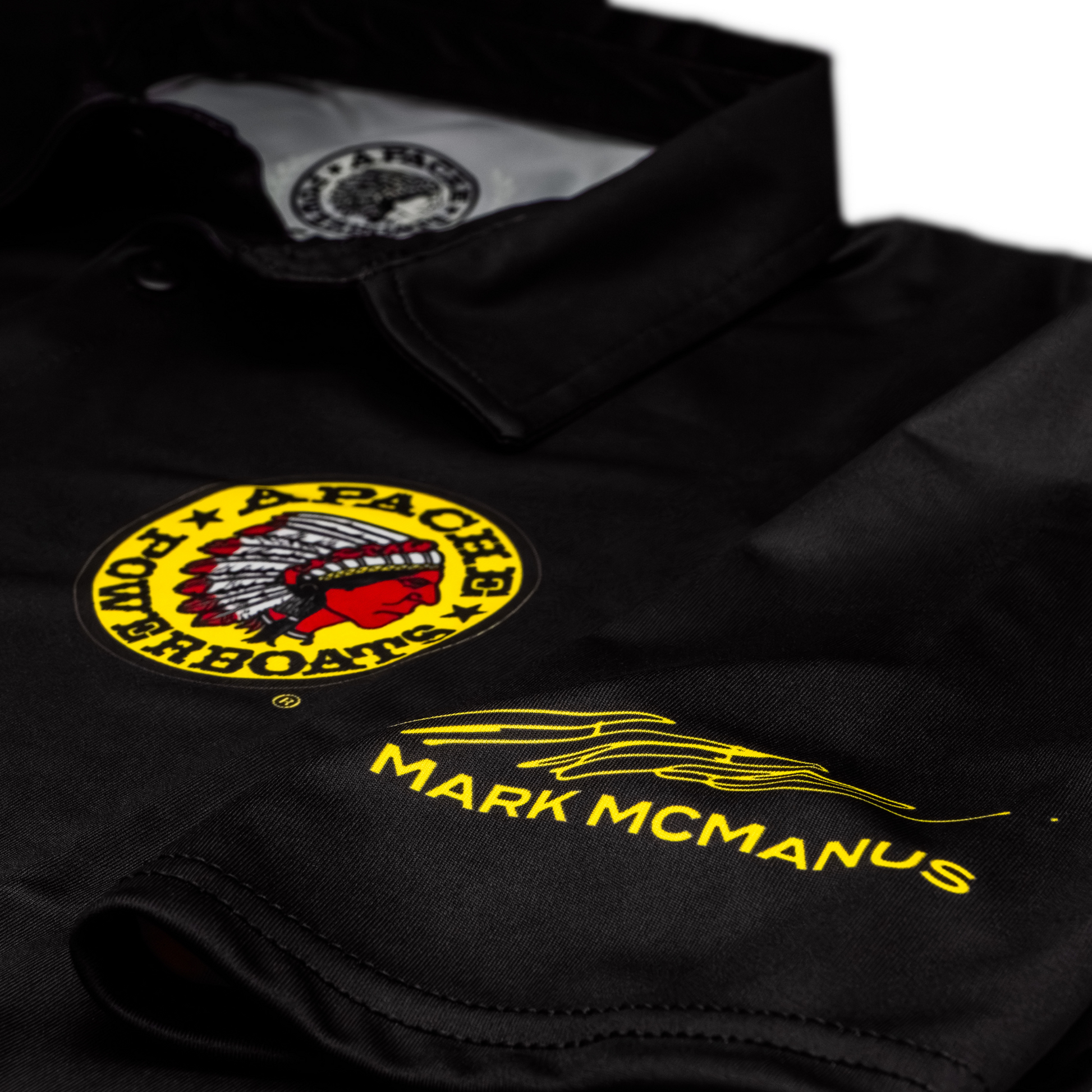 Apache Powerboats 40th Anniversary Polo with warrior chest logo and Mark McManus signature on sleeve