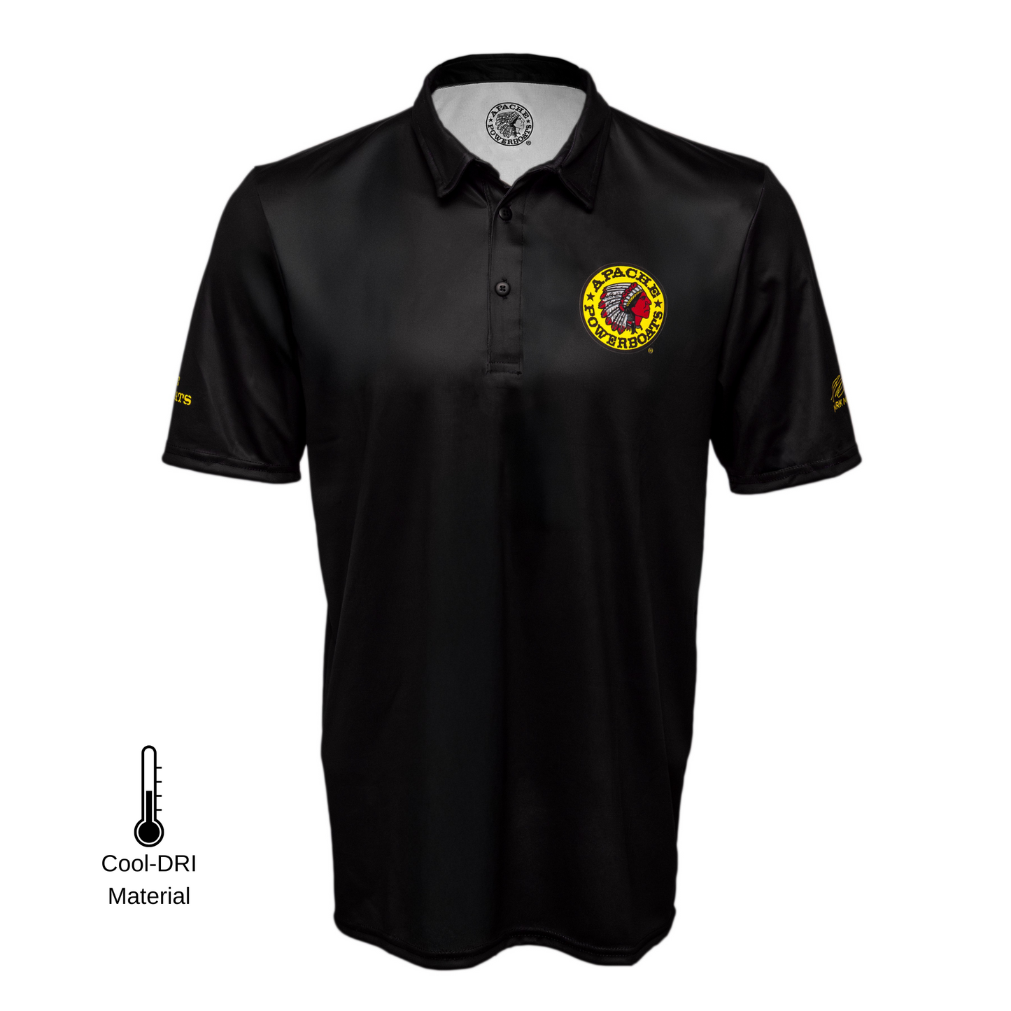 Front view of Apache Powerboats 40th Anniversary Performance T-Shirt with 40th anniversary logo on left chest