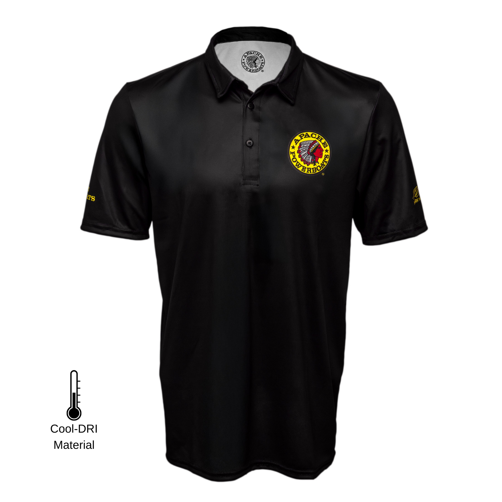 Front view of Apache Powerboats 40th Anniversary Performance T-Shirt with 40th anniversary logo on left chest