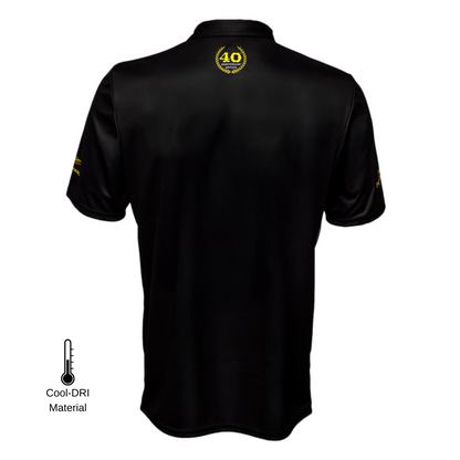 Back view of Apache Powerboats 40th Anniversary Polo featuring 40th logo below collar